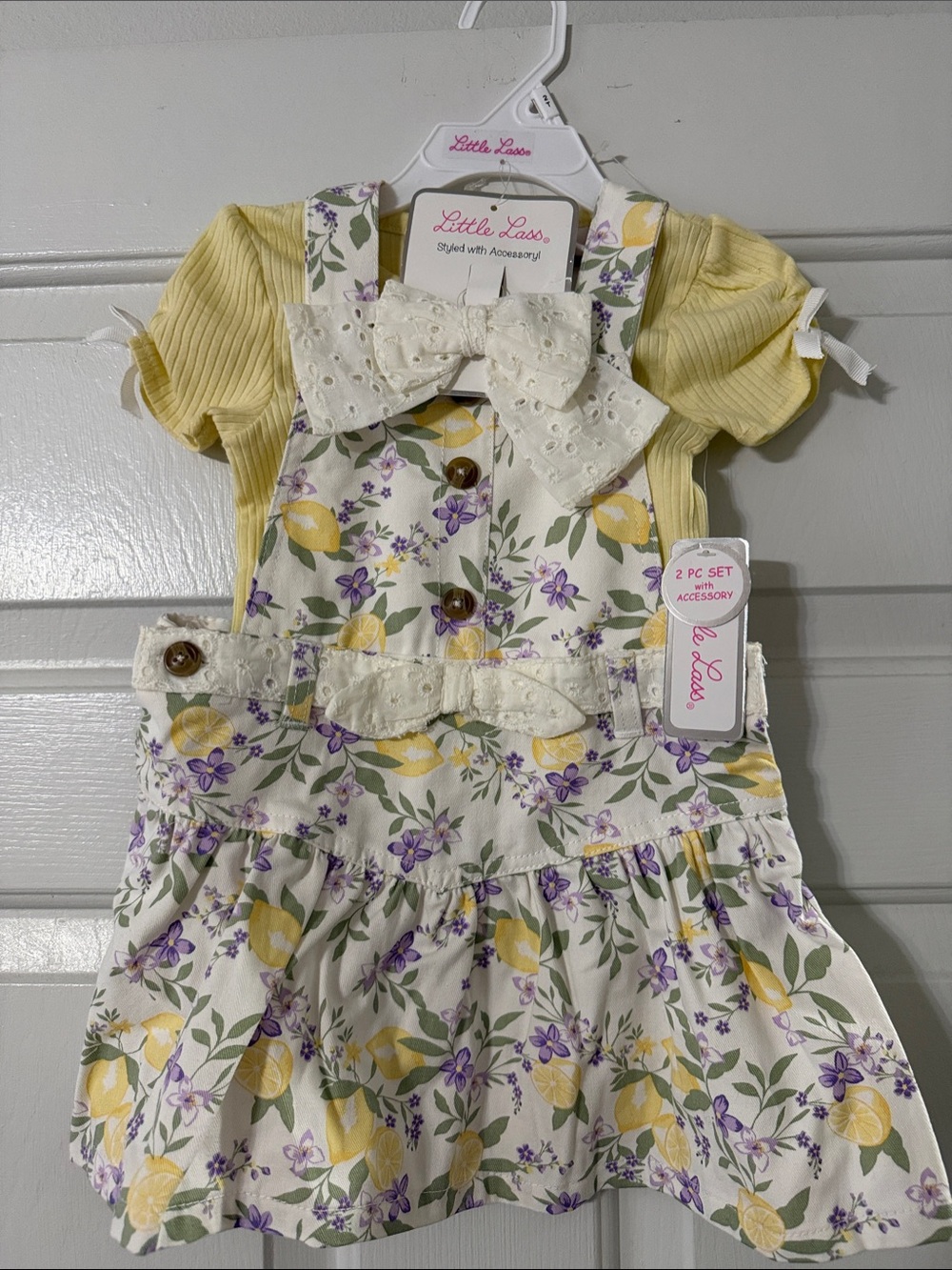 Little Lass Yellow Ribbed Tee with Cream Lemon Floral Pinafore Set